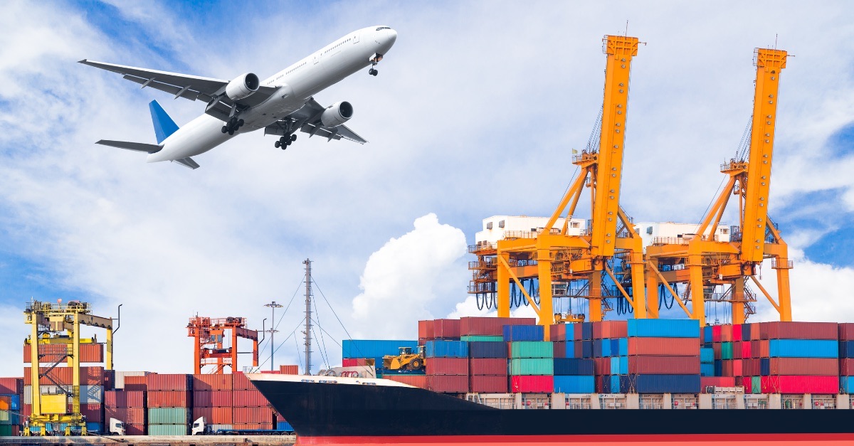 Stacked shipping containers on a cargo vessel at port
