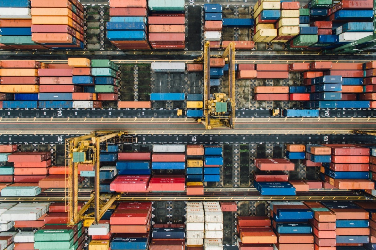 Shipping containers and cranes at an international port